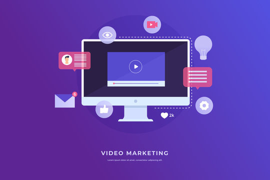 Video marketing concept. Monitor computer and icon video player, email. Digital industry. Vector flat illustration for web banner, infographics.