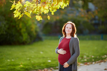 Beautiful pregnant woman outdoors on a fall day