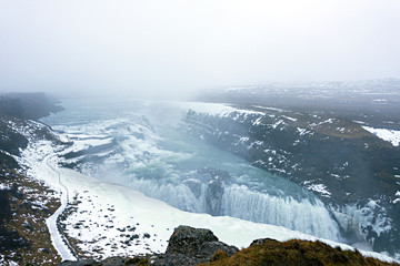  Gullfoss waterfalls in winter as the Hvita River. Reykjavik, Iceland.