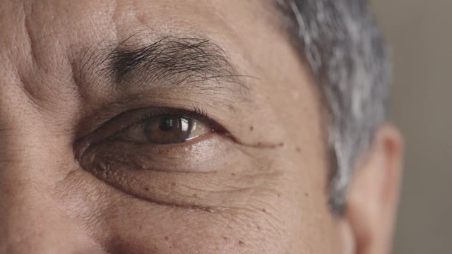 close up of hispanic man brown eye blinking looking at camera
