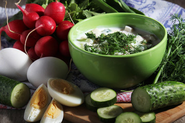 A bowl with traditinal Russian cuisine soup okroshka