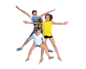 Fototapeta na wymiar A group of children jumping and waving.
