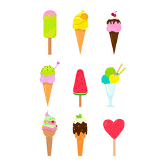 Collection of 9 vector ice cream illustrations on white board