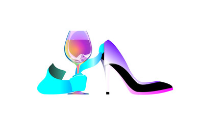 Business party logo, biz women, Wine tie. Shoe abstract girl concept. Isolated vector, infographic and social media illustration for Web and Mobile Applications. Drink and celebrate successful work
