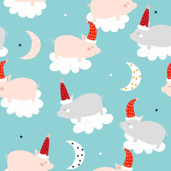 Cute pig with Santa's  hat seamless pattern. Vector hand drawn illustration.