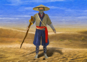 Painting Style Illustration of Wise Old Traditional Asian Man Walking Through Desert