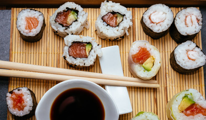 Sushi food prepared on a wooden mat