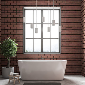 White bathtub in brick bathroom interior