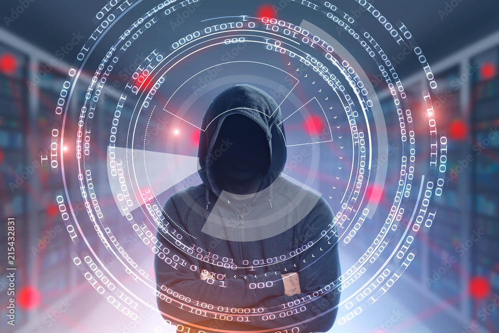 Poster hacker in a server room, hud malware