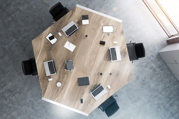 Wooden hexagon office table top view