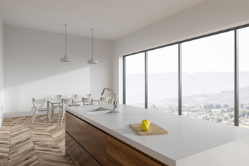 Wooden floor panoramic kitchen, white