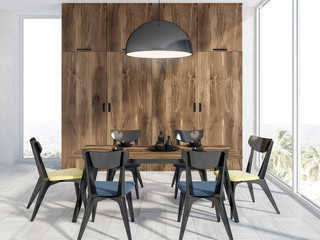 Wooden wall dining room interior