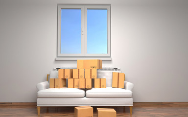 Boxes in room.3D rendering.