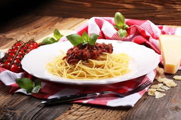 Plate of delicious spaghetti Bolognaise or Bolognese with savory minced beef