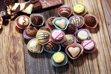 a lot of variety chocolate pralines, belgian confectionery gourmet chocolate.