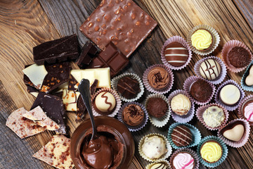a lot of variety chocolate pralines, belgian confectionery gourmet chocolate.