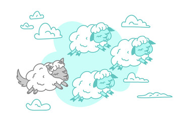 Insomnia Good night sleep pattern vector illustration of Night sky cute fluffy cartoon sheep animals pattern children design on white background, wolf in sheep clothes