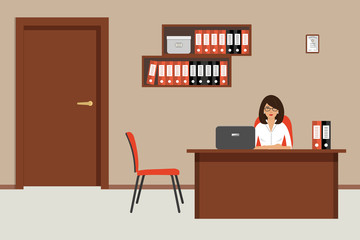 Office room in a beige color. Young woman is sitting at a desk at her workplace. There is a brown furniture, red chairs, shelves with folders in the picture. Vector flat illustration