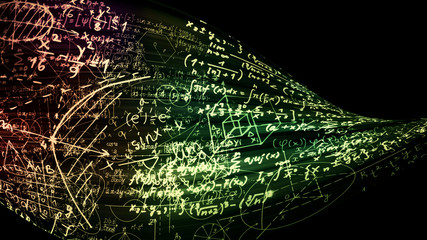 3D rendering of abstract blocks of mathematical formulas located in the virtual space