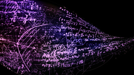 3D rendering of abstract blocks of mathematical formulas located in the virtual space