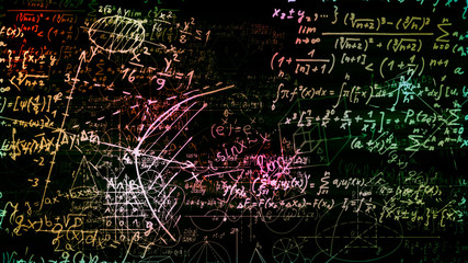 3D rendering of abstract blocks of mathematical formulas located in the virtual space