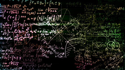 3D rendering of abstract blocks of mathematical formulas located in the virtual space
