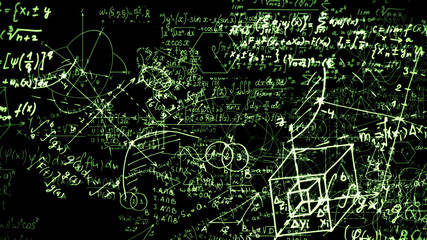 3D rendering of abstract blocks of mathematical formulas located in the virtual space