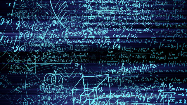 3D rendering of abstract blocks of mathematical formulas located in the virtual space