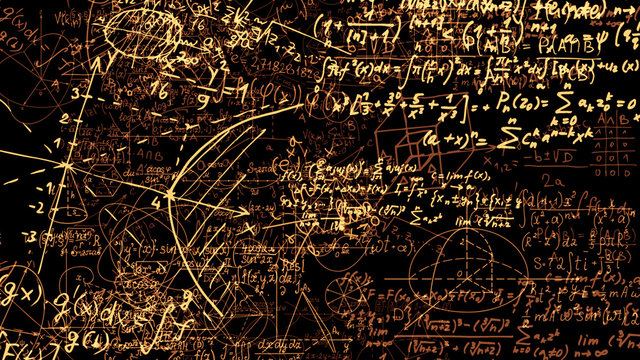 3D rendering of abstract blocks of mathematical formulas located in the virtual space
