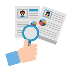 hand with set of curriculum vitae and magnifying glass