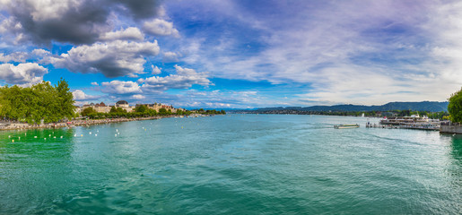 Panorama view of Zurich lake and Alps at Bürkliplatz