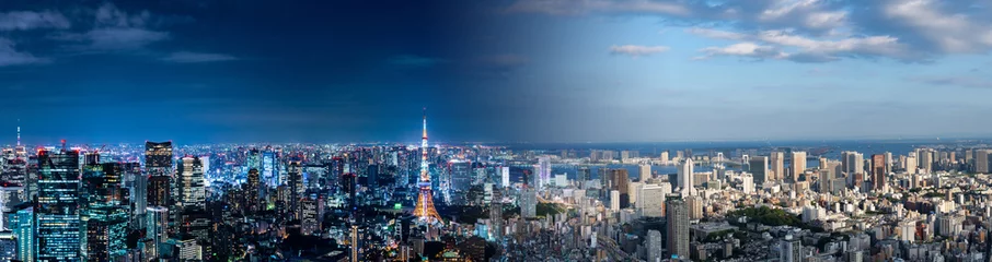 Schilderijen op glas Tokyo stadsgezicht dag en nacht. Panoramisch uitzicht. © metamorworks