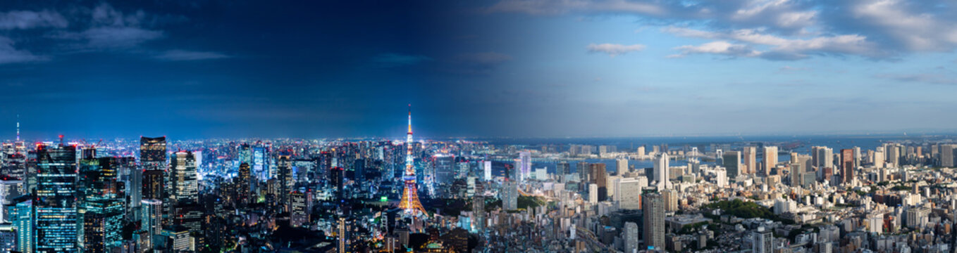 Tokyo Cityscape Night And Day. Panorama View.
