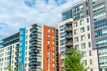 Modern condo buildings with huge windows in Montreal, Canada. 