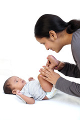 Newborn baby on hands mother  - 215450048