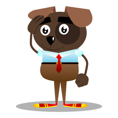 Cartoon illustrated business dog placing hand on head.