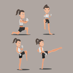 Woman Thai Boxing Action Set Vector