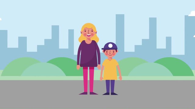 Mother And Son Standing In The Street City Animation