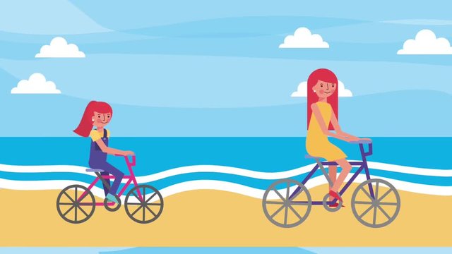 mom and daughter riding bike in the beach animation