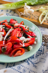 Vegetables salad with tomatoes, wakame seaweed, onion, herbs and spices. Vegan lunch, vegetarian dinner, healthy food.