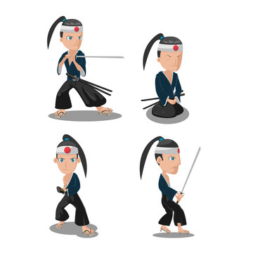 Young Japan Samurai Cartoon Character Vector