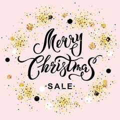 Merry Christmas Sale banner on pink background. Merry Christmas handwritten lettering for Happy holidays greeting card, postcard motive, badge, web, invitation, poster.