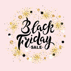 Black Friday sale handwritten lettering for banner, logo, badge, web, poster. Discount time. Vector illustration isolated on pink background with golden confetti.