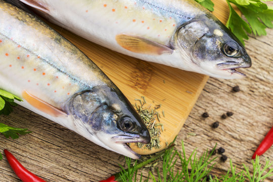 two fresh uncooked fish one kind of salmon with aromatic herbs on wooden cutting board
