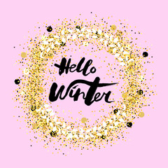 Obraz premium Handwritten modern lettering Hello Winter. Hand drawn lettering for banner, logo, badge, web, poster. Hello Winter isolated on pink background with cute wreath.