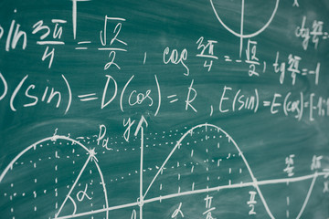 Trigonometry. School Chalkboard Function graphs Math lesson.