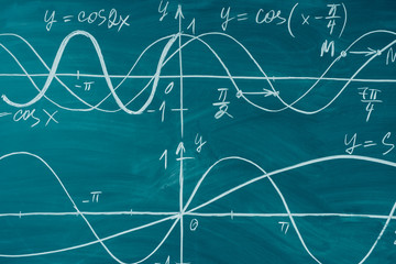 Trigonometry. School Chalkboard Function graphs Math lesson.