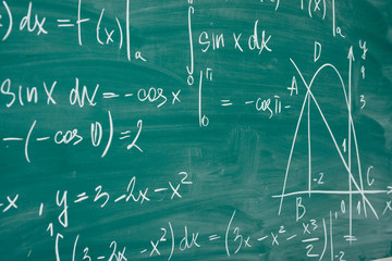 Math class. Algebra. The formulas are written on the school board