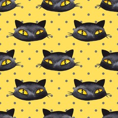 watercolor seamless patterrn with funny black cats
