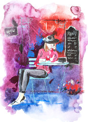 Woman sits at table of a street cafe Watercolor illustration